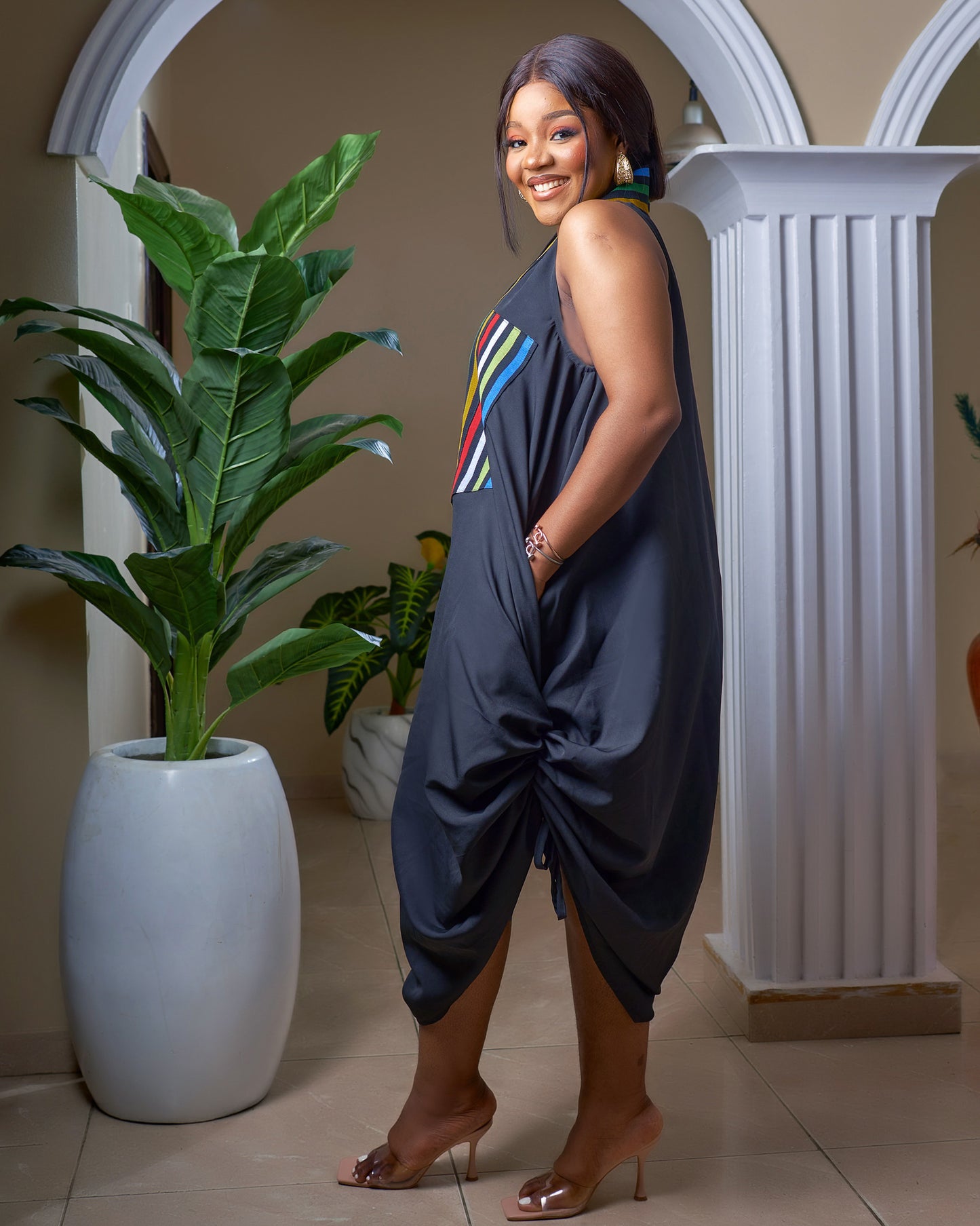 Nyla Drapped dress with aso-oke neck details