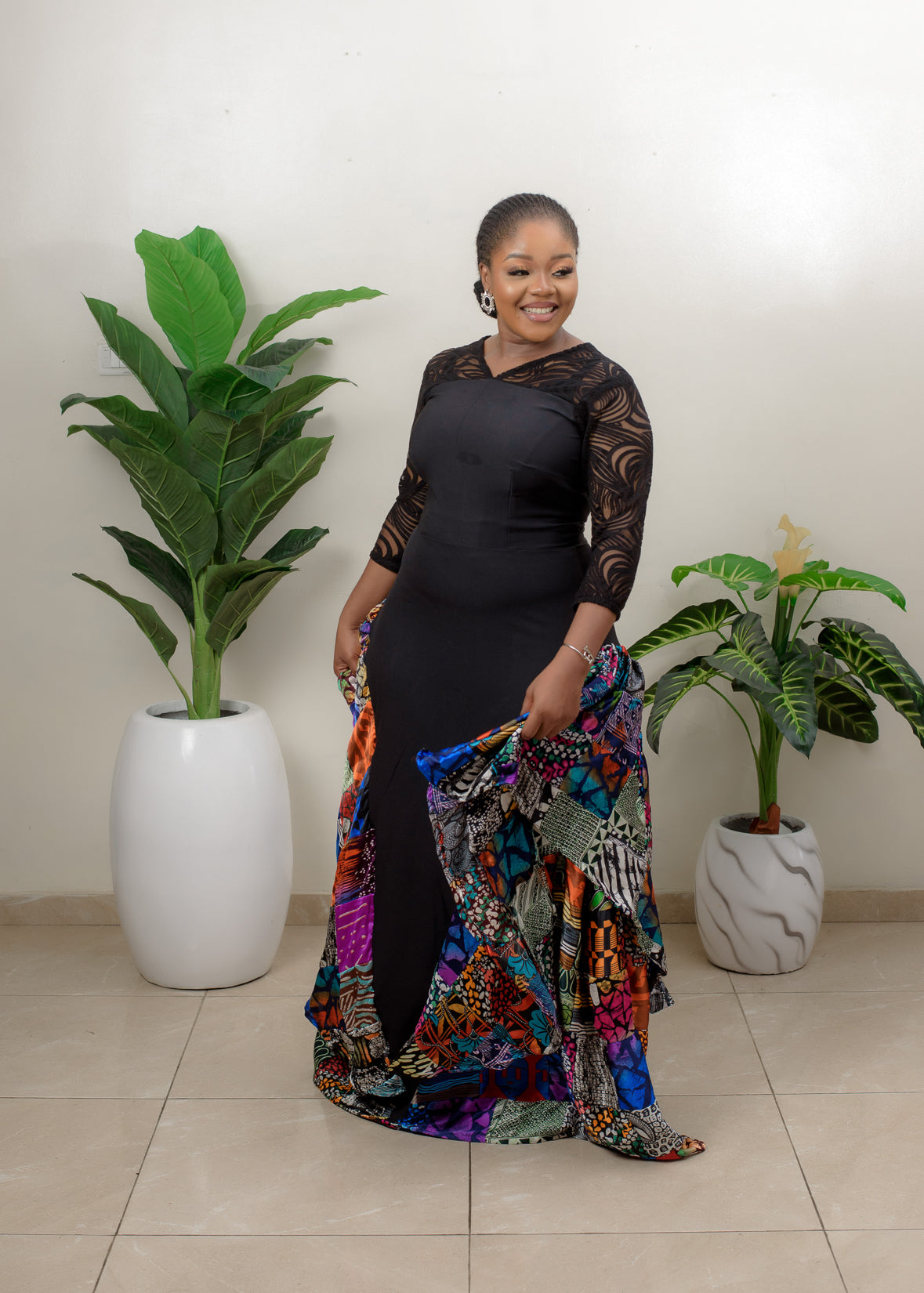 Celia Crepe and silk African print patchwork mix long dress