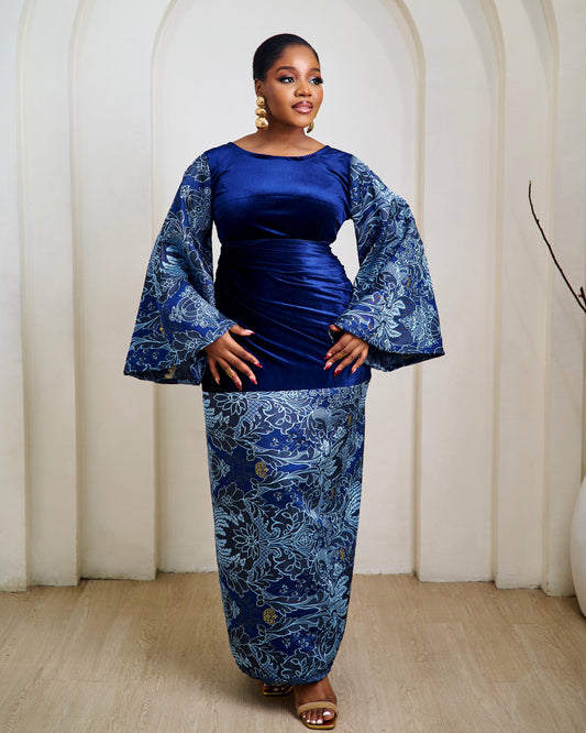 Amina Blue Velvet African Brocade Boubou
