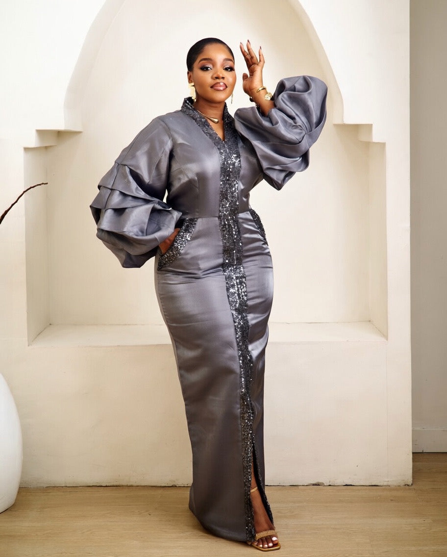 Talia Metal Grey Kaftan African Maxi Dress