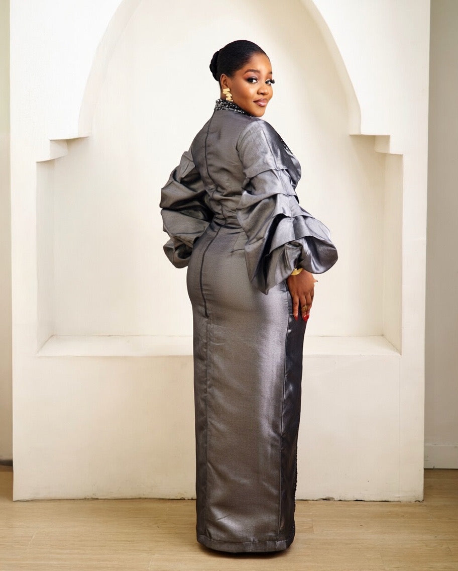 Talia Metal Grey Kaftan African Maxi Dress