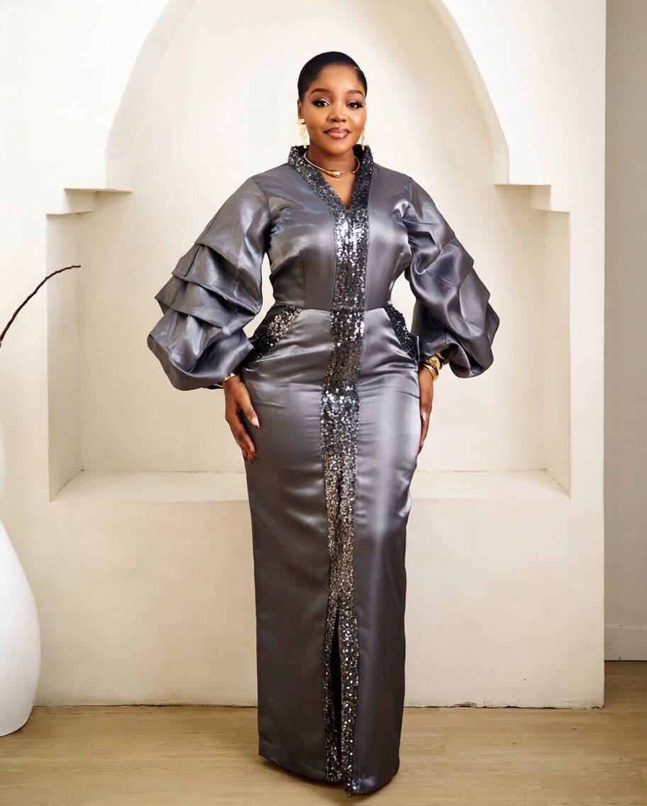 Talia Metal Grey Kaftan African Maxi Dress