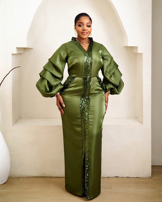 Ohemma Olive Green Kaftan African Maxi Dress