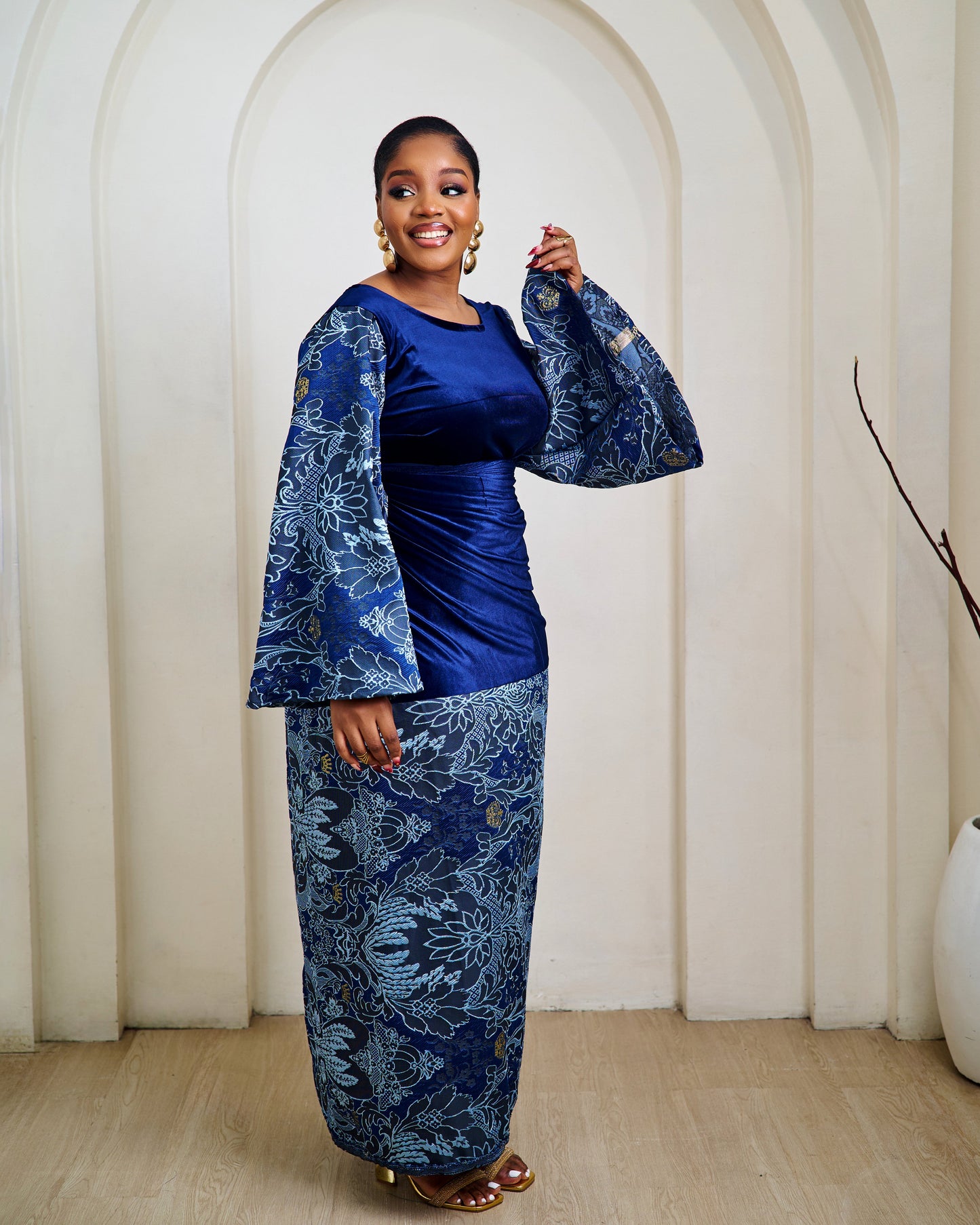 Amina Blue Velvet African Brocade Boubou