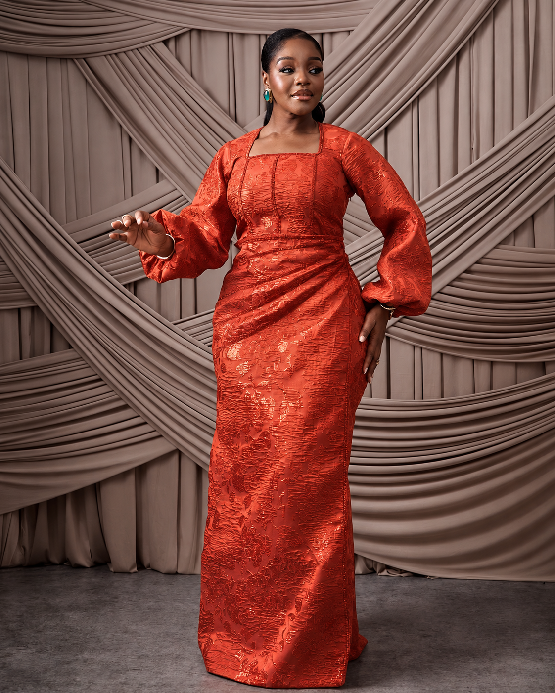 Neema Orange African Brocade Blouse and Wrapper