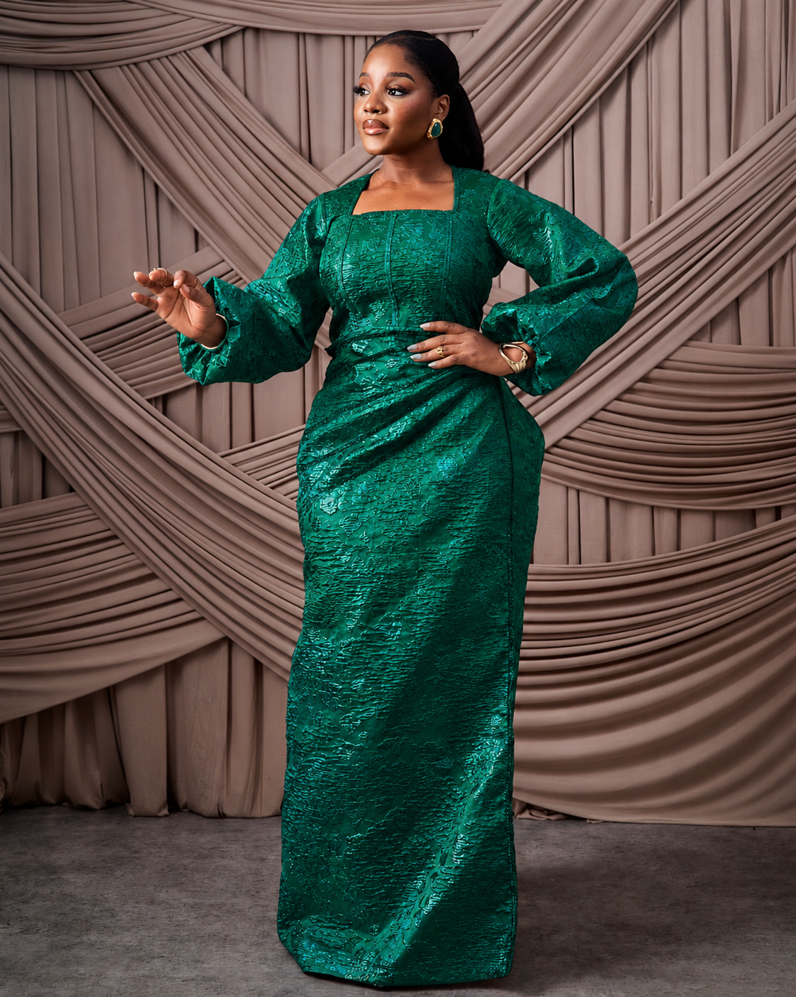Neema Emerald Green African Brocade Blouse and Wrapper