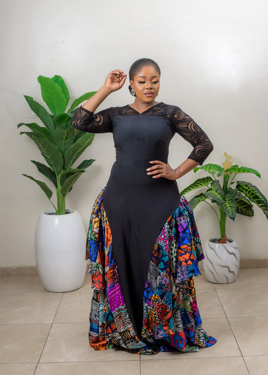 Celia Crepe and silk African print patchwork mix long dress