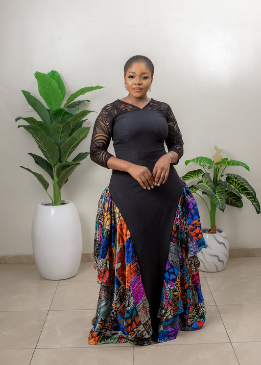 Celia Crepe and silk African print patchwork mix long dress